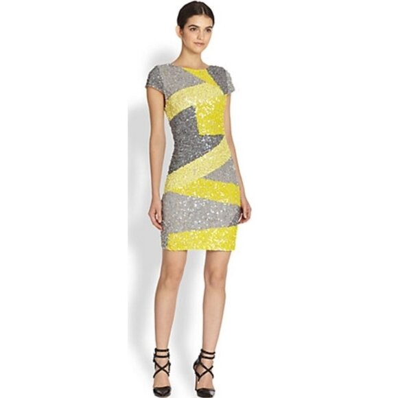 Alice + Olivia Taryn Colorblock Sequin Dress Mini Party Cocktail  Yellow Gray 6 - Picture 1 of 16